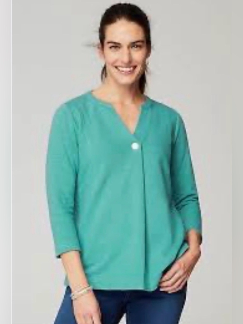 Pure J Jill Turquoise V-Neck 3/4 Sleeve Pullover 100% Organic Cotton Petite M